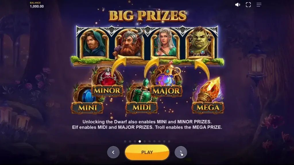 Pemandangan hutan mistis dalam slot Land of Riches dengan karakter pahlawan yang ditampilkan di atas gulungan.