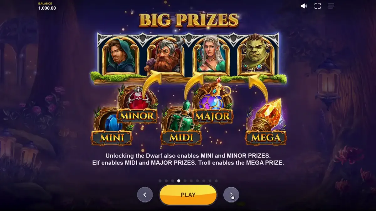 Pemandangan hutan mistis dalam slot Land of Riches dengan karakter pahlawan yang ditampilkan di atas gulungan.