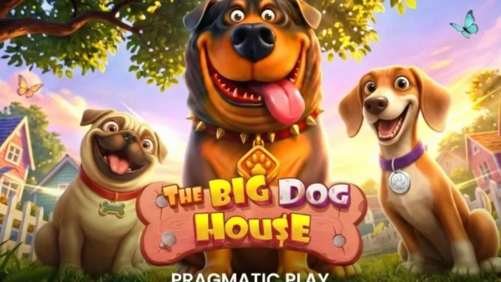 Tampilan antarmuka seluler gim slot The Big Dog House dengan tema anjing yang ceria