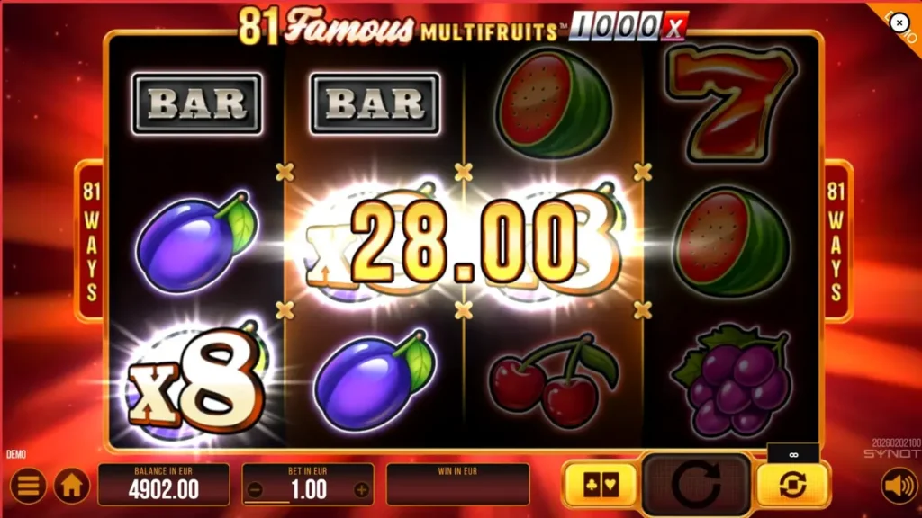Tampilan visual mesin slot 81 Famous Multifruits 1000 dengan simbol buah dan neon