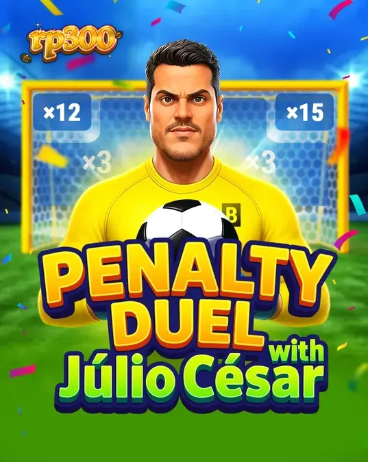 Tampilan antarmuka game Penalty Duel dengan Júlio César yang menampilkan kiper di depan gawang.